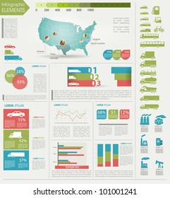 Detail Infographic Vector Illustration. Map Of USA, Icon Of Car And Factory, And Information Graphics. Easy To Edit States