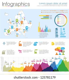 Detail infographic vector illustration. Map of Europe, icon of car and factory, and Information Graphics. Easy to edit country. Rainbow color