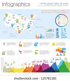 Detail Infographic Vector Illustration. Map Of USA, Icon Of Car And Factory, And Information Graphics. Easy To Edit States. Rainbow Color