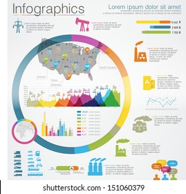 Detail infographic vector illustration. Map of United State of America. icons of factory, and Information Graphics. Easy to edit country. Rainbow color