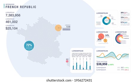 Detail infographic vector illustration. Map of France and Infographic elements - bar and line charts, percents, pie charts. Dashboard theme.