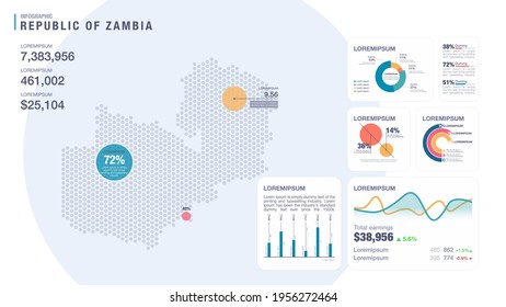 Detail infographic vector illustration. Map of Zambia and Infographic elements - bar and line charts, percents, pie charts. Dashboard theme.