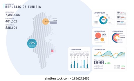 Detail infographic vector illustration. Map of Tunisia and Infographic elements - bar and line charts, percents, pie charts. Dashboard theme.