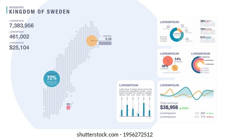 Detail infographic vector illustration. Map of Sweden and Infographic elements - bar and line charts, percents, pie charts. Dashboard theme.