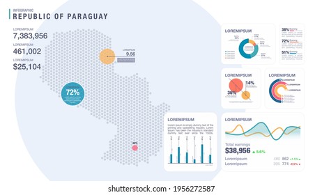 Ilustración vectorial de infografía detallada. Mapa de Paraguay y elementos Infográficos - gráficos de barras y líneas, porcentajes, gráficos circulares. Tema del panel.
