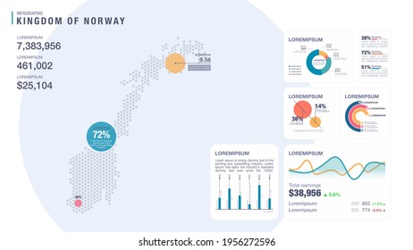 Detail infographic vector illustration. Map of Norway and Infographic elements - bar and line charts, percents, pie charts. Dashboard theme.