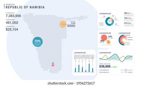 Detail infographic vector illustration. Map of Namibia and Infographic elements - bar and line charts, percents, pie charts. Dashboard theme.