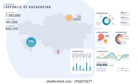 Detail infographic vector illustration. Map of Kazakhstan and Infographic elements - bar and line charts, percents, pie charts. Dashboard theme.