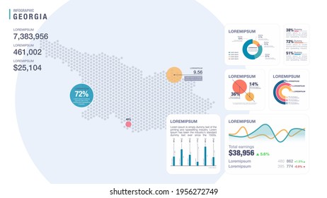 Detail infographic vector illustration. Map of Georgia and Infographic elements - bar and line charts, percents, pie charts. Dashboard theme.