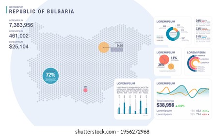 Detail infographic vector illustration. Map of Bulgaria and Infographic elements - bar and line charts, percents, pie charts. Dashboard theme.