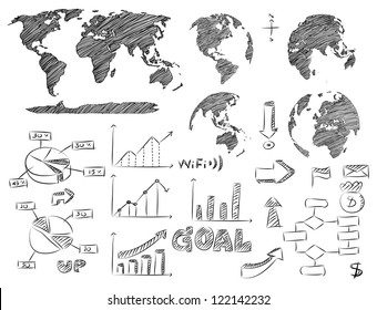 Detail Infographic Vector Illustration Sketched. World Map and Information Graphics, EPS 10.