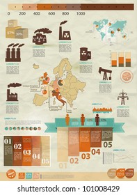 Detail infographic vector illustration with. Map of Europe, industrial infographics and Information Graphics. Easy to edit countries