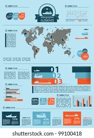 Detail infographic vector illustration. World Map and Information Graphics summary info about the ships and offshore manufacture