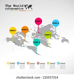 Detail infographic vector. World Map with colorful bubbles points