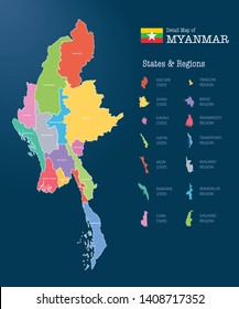 Mapas detallados de Myanmar. Incluyendo estados y regiones por separado.