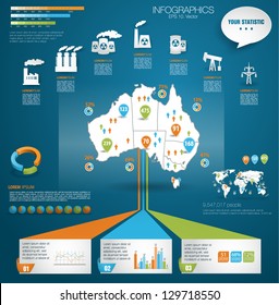 Detail modern infographic vector illustration with Map of Australia, industrial infographics and Information Graphics. Easy to edit states. Paper style