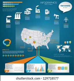 Detail Modern Infographic Vector Illustration With Map Of United States Of America, Industrial Infographics And Information Graphics. Easy To Edit States. Paper Style