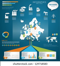 Detail modern infographic vector illustration with Map of Europe, industrial infographics and Information Graphics. Easy to edit states. Paper style