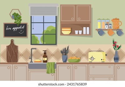 Detail of a modern kitchen with a window and a sink. Cabinets and shelves. Kitchen utensils on the table - a toaster and a coffee pot. Shelf with cups, cutlery and glasses, bowl with cookies. 