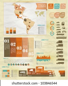 Detail old infographic vector illustration with map of America, car icons, infographics and Information Graphics.