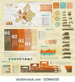 Detail Old Infographic Vector Illustration With Map Of Europe, Car Icons, Infographics And Information Graphics.