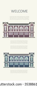 Detail picture of traditional townhouse on the street for card, gift, banner, border, sign symbol, vintage, book, home, old style  vector 