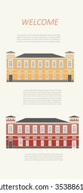 Detail picture of traditional townhouse on the street for card, gift, banner, border, sign symbol, vintage, book, home, old style  vector 