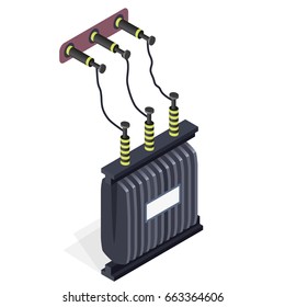 Detail of power plant. Power station element. Electric transformer isometric building info graphic. High-voltage power station. Pictogram industrial electricity set. Flatten isolated master vector.