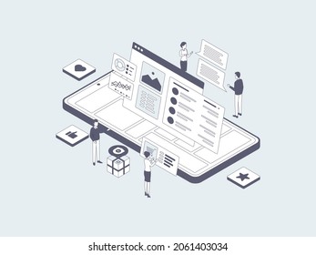 Detail Product on Mobile Isometric Illustration Lineal Grey. Suitable for Mobile App, Website, Banner, Diagrams, Infographics, and Other Graphic Assets.