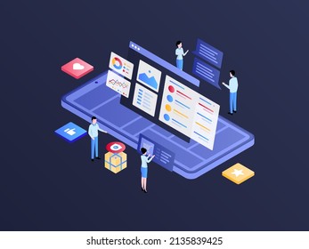 Detail Product on Mobile Isometric Illustration Dark Gradient. Suitable for Mobile App, Website, Banner, Diagrams, Infographics, and Other Graphic Assets.