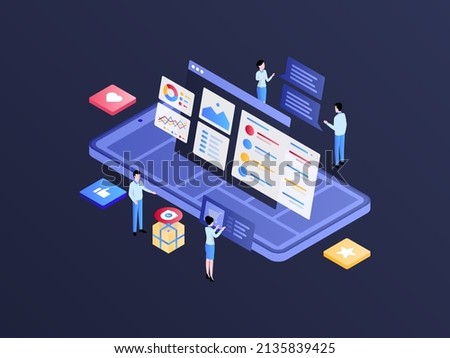 Detail Product on Mobile Isometric Illustration Dark Gradient. Suitable for Mobile App, Website, Banner, Diagrams, Infographics, and Other Graphic Assets.