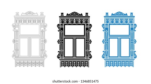 Detail of Russian traditional wooden house. Carved window plat band. Vector illustration. Black, black and white, colored silhouette.