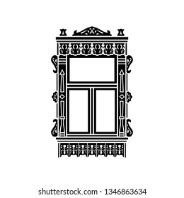 Detail of Russian traditional wooden house. Carved window plat band. Vector illustration. Black  silhouette.