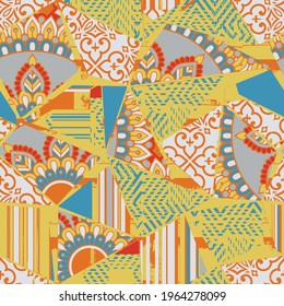Detail rustic boho floral, striped tile motif for patchwork carpet.