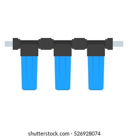 Detail for the scheme of water supply and purification of water from the well. Flat style. Three small blue plastic flask for filter cartridges filter