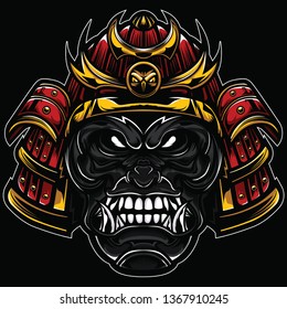 Detail Serious Gorilla Warrior  in samurai helmet Japanese style