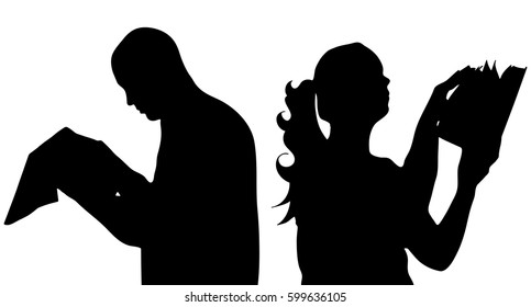 detail vector silhouette of reading man and woman