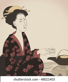 detail of a woman drinking tea- Japanese style drawing- vector