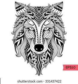 Detail zentangle wolf for coloring page,tattoo, t shirt design effect and logo