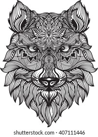 Detail zentangle wolf for coloring page,tattoo, t shirt design effect and logo