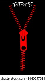 Detail of a zipper on a black background. Black and red Lettering in Spanish "TAPATE" translates to "CLOSE". Print on t-shirts and other accessories, Day of the dead. Halloween