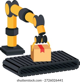 Ein detailliertes 2D-Flachsymbol, das einen Roboterarm zeigt, der ein Paket auf einem Förderband platziert und Lagerautomatisierung, intelligente Logistik und automatisierte Verpackungssysteme darstellt.