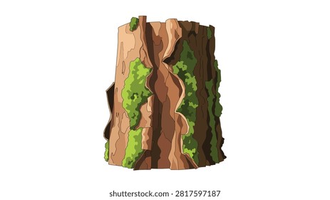 A detailed 2D illustration of a thick tree trunk section featuring textured brown bark and vibrant green moss patches. The artwork is isolated on a white background, showcasing a stylized, cartoonish aesthetic suitable for game assets or environmental design.