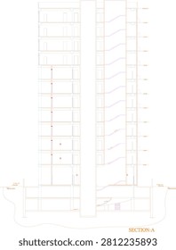 Detailed 2D sectional drawing of a commercial plaza building, showing multi-story vertical section with floor levels and structural layout for architectural and construction design.