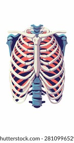 A detailed 3D anatomical model of the human rib cage showing ribs sternum and thoracic vertebrae isolated on white