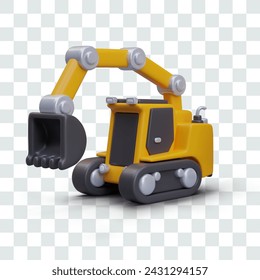 Detailed 3D excavator in cartoon style. Heavy construction equipment