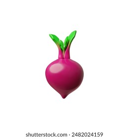 Detailed 3D illustration of a beetroot with leaves. Ideal for vegetarian themes and healthy food branding. Vector graphics of a whole beet on an isolated background.