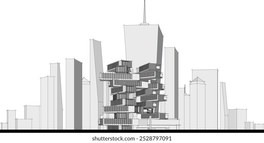 Uma ilustração 3D detalhada da arquitetura moderna, mostrando linhas elegantes, design contemporâneo e estrutura inovadora.