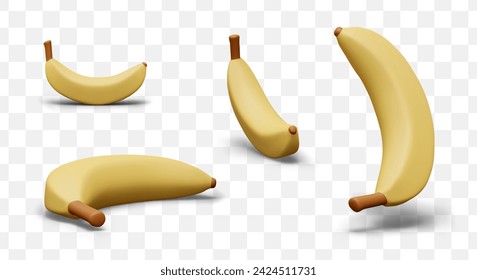 Detailliertes 3D-Bild der Banane in verschiedenen Positionen. Süßgelbe ganze Frucht