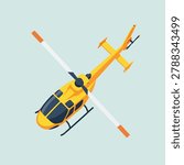 A detailed 3D isometric illustration of a bright yellow rescue helicopter seen from a high angle
